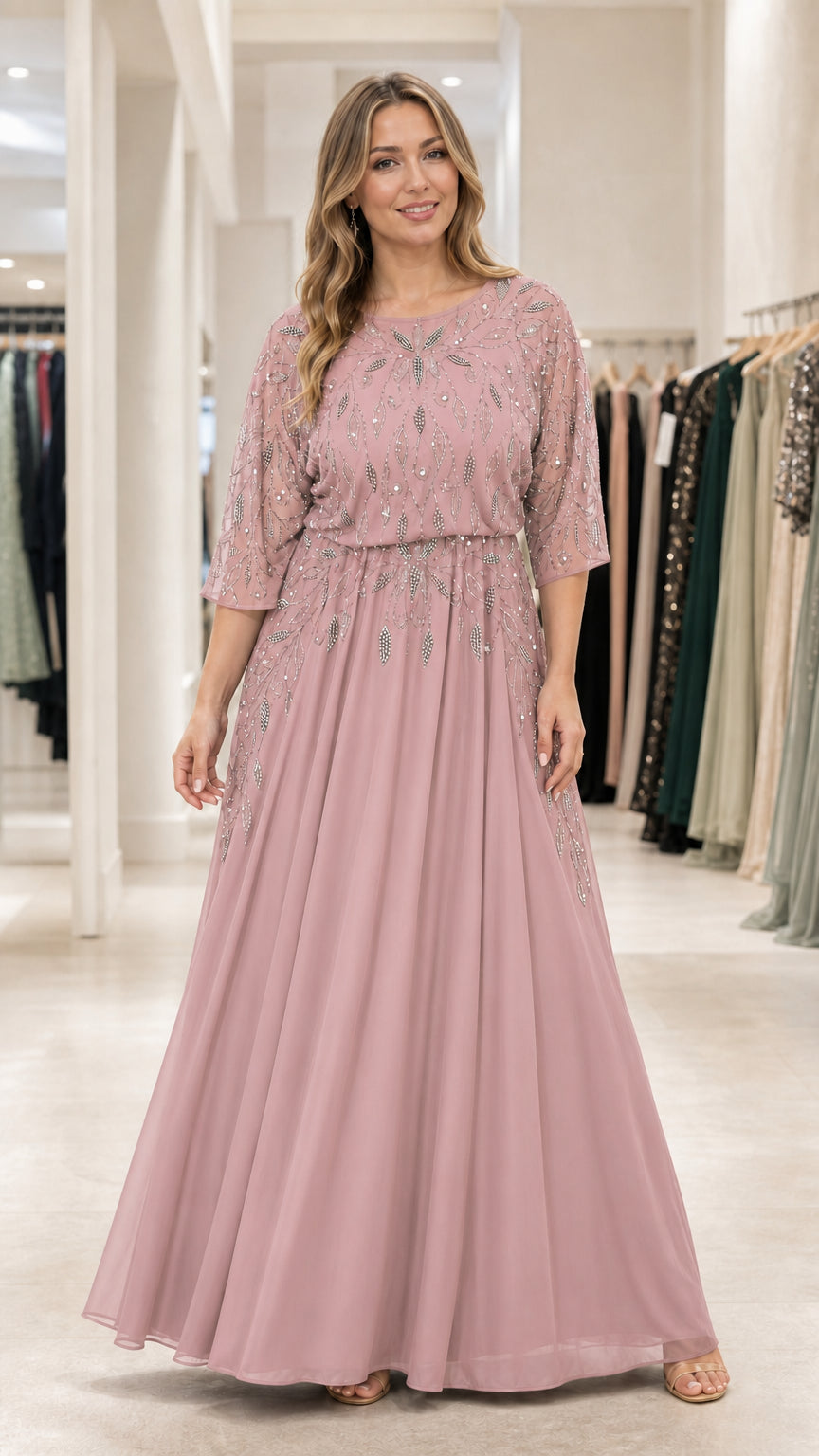 Front full view of dusty rose pink beaded bodice A-line chiffon evening gown