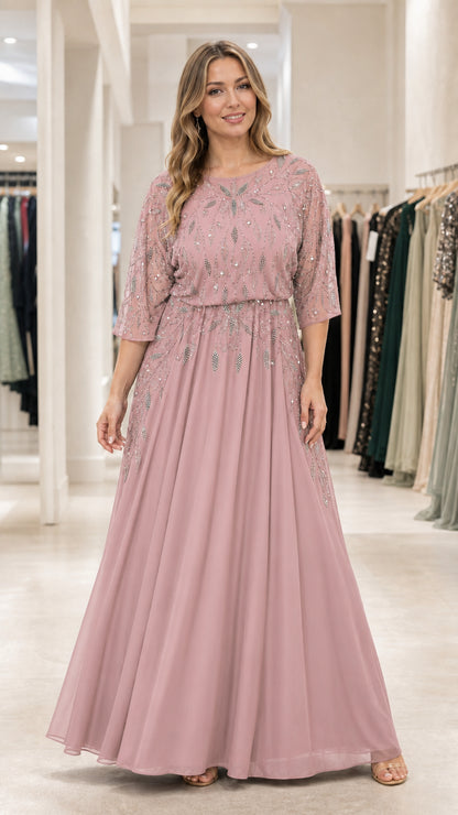 Front full view of dusty rose pink beaded bodice A-line chiffon evening gown