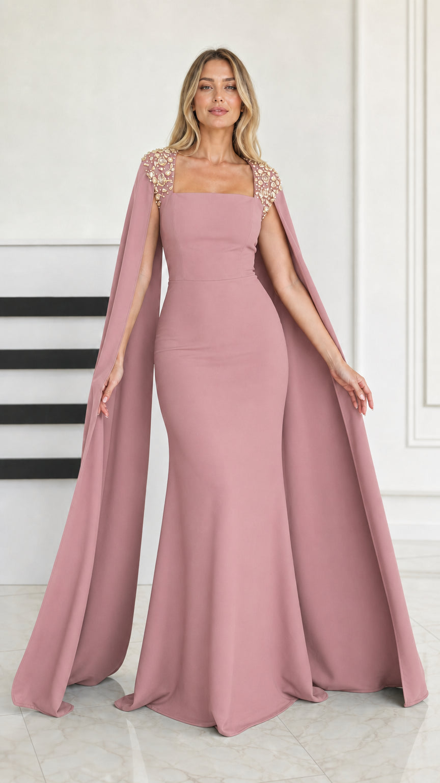 Front view of dusty rose cape sleeve mermaid evening gown