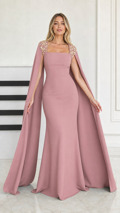 Front view of dusty rose cape sleeve mermaid evening gown