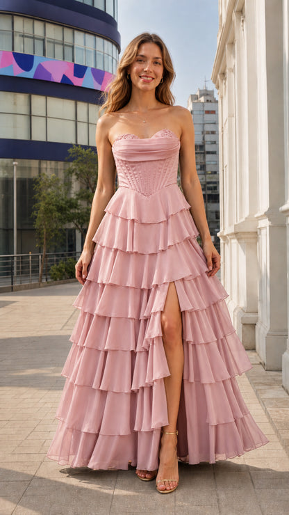 Front view of pink strapless corset evening gown with front slit
