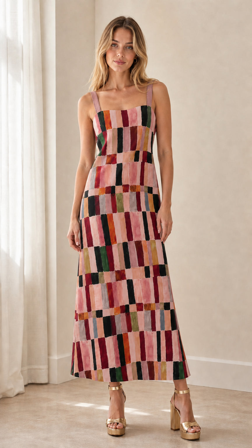 Front view of woman wearing Pink Multi geometric square neck sleeveless maxi dress