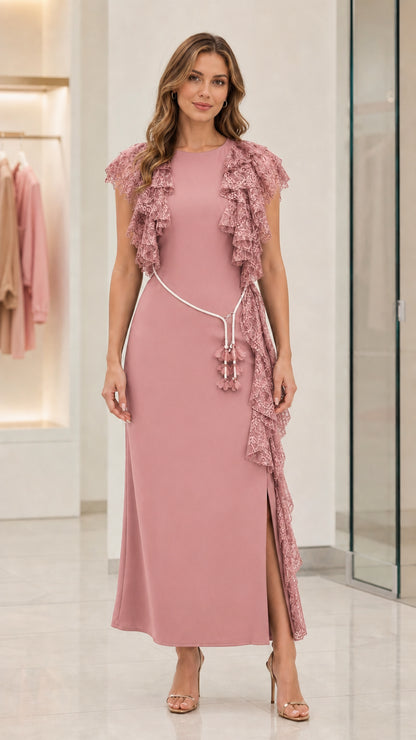 Dusty pink elegant formal maxi dress with matching lace ruffles