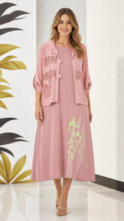 Model wearing dusty pink matching 2-piece lace jacket and graphic midi dress set