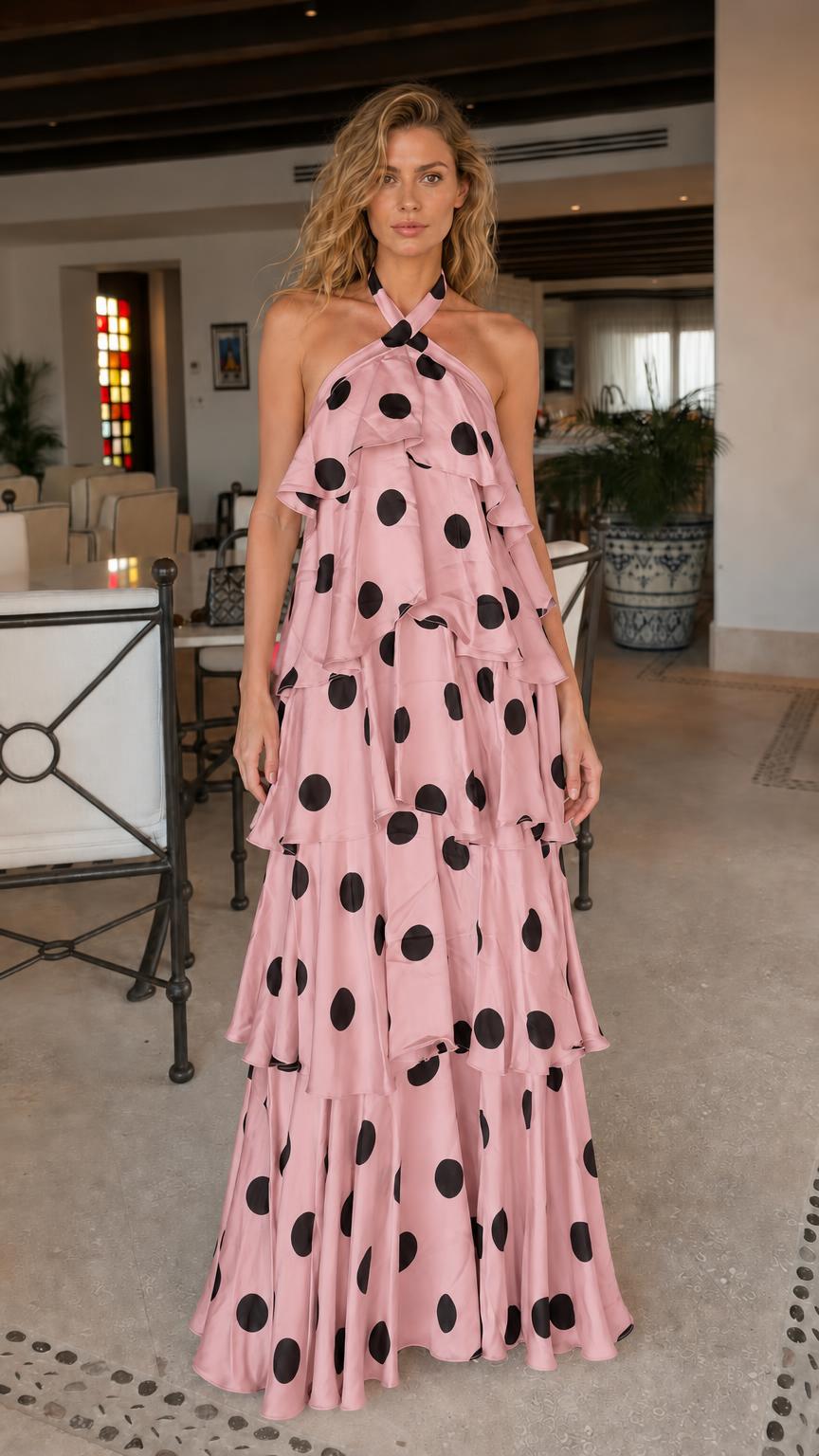 Pink polka dot halter ruffle maxi dress variant