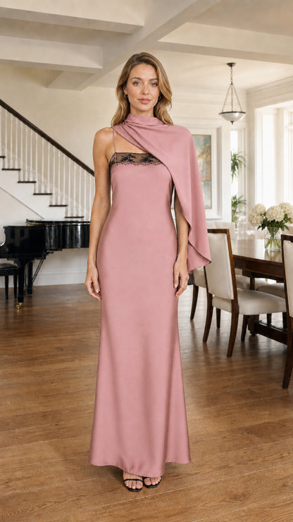 Front view of model wearing Dusty Rose formal one-shoulder drape maxi dress