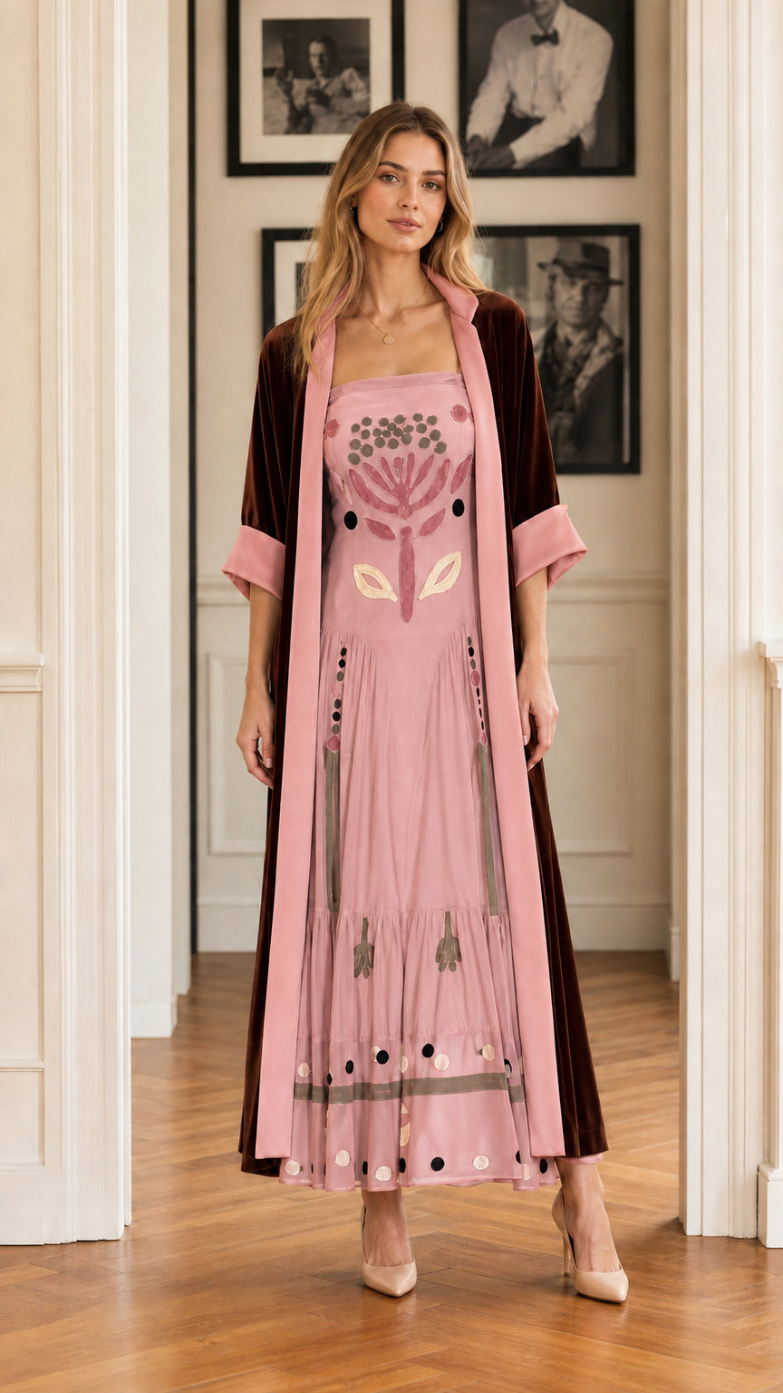 Dusty pink embroidered maxi dress paired with burgundy velvet duster coat