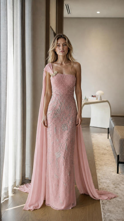 Front view of pink one-shoulder beaded evening gown