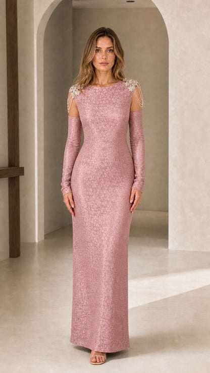 Full-length view of model wearing dusty pink textured cold-shoulder formal maxi dress