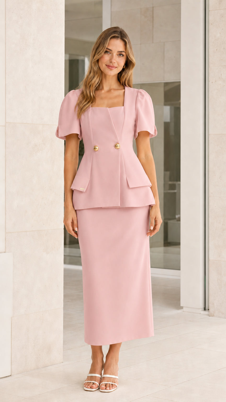 Front view of pink skirt set