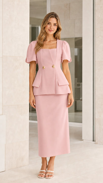 Front view of pink skirt set