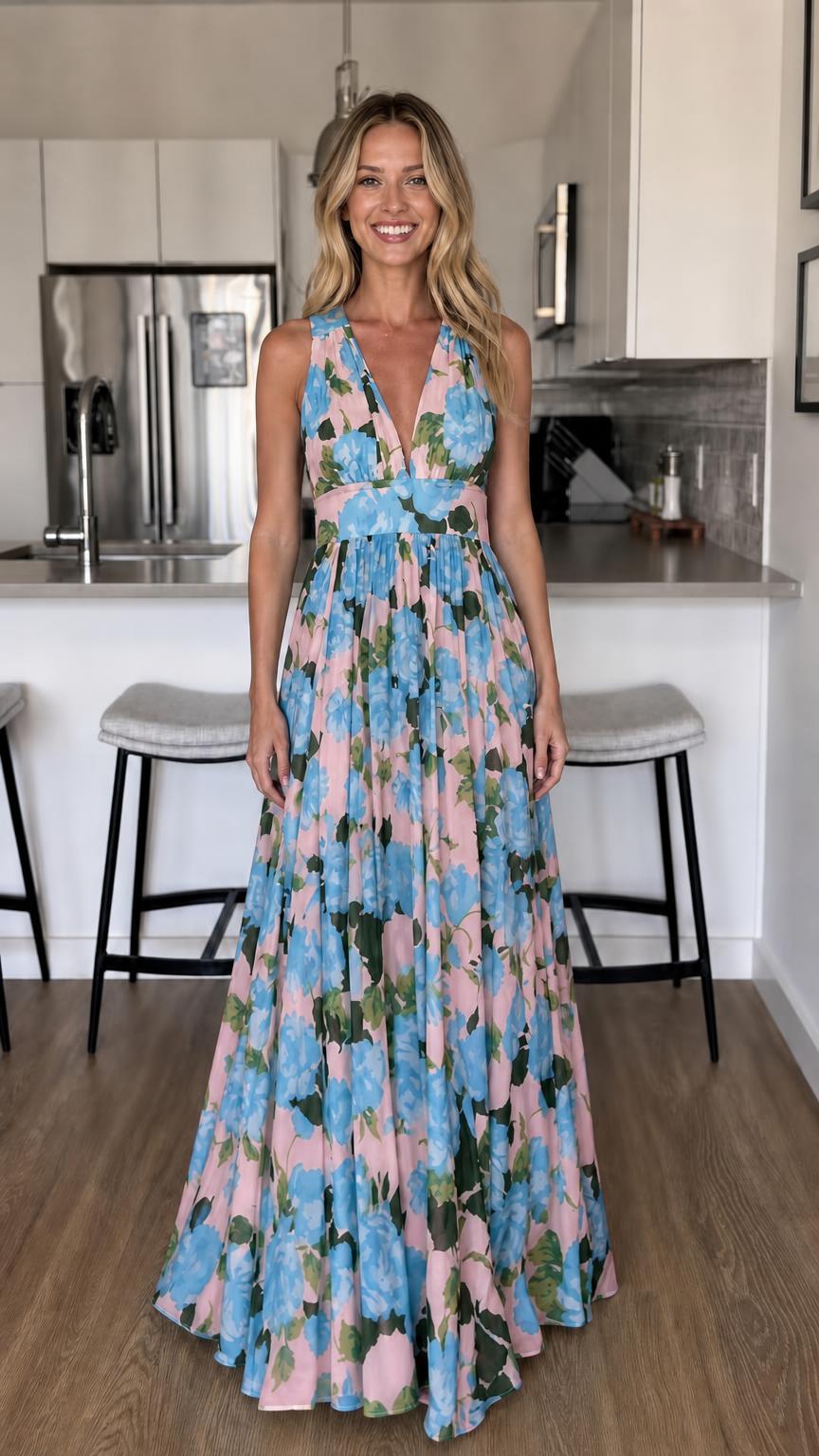 Front view of Pink floral maxi dress variant