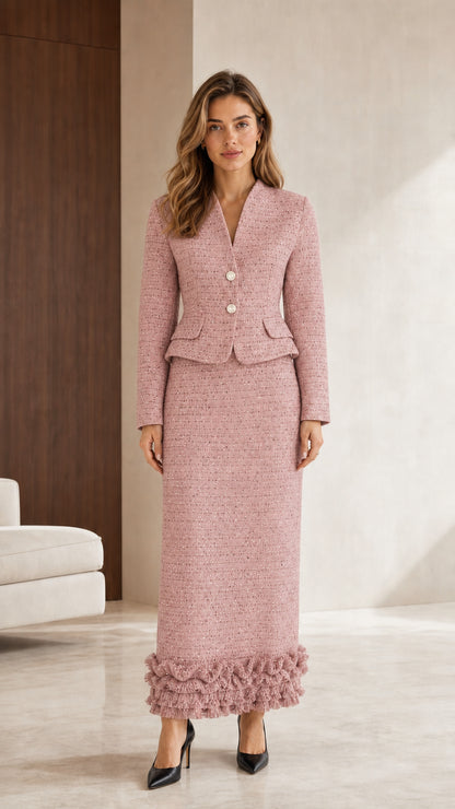 Front view of pink tweed blazer and maxi skirt set