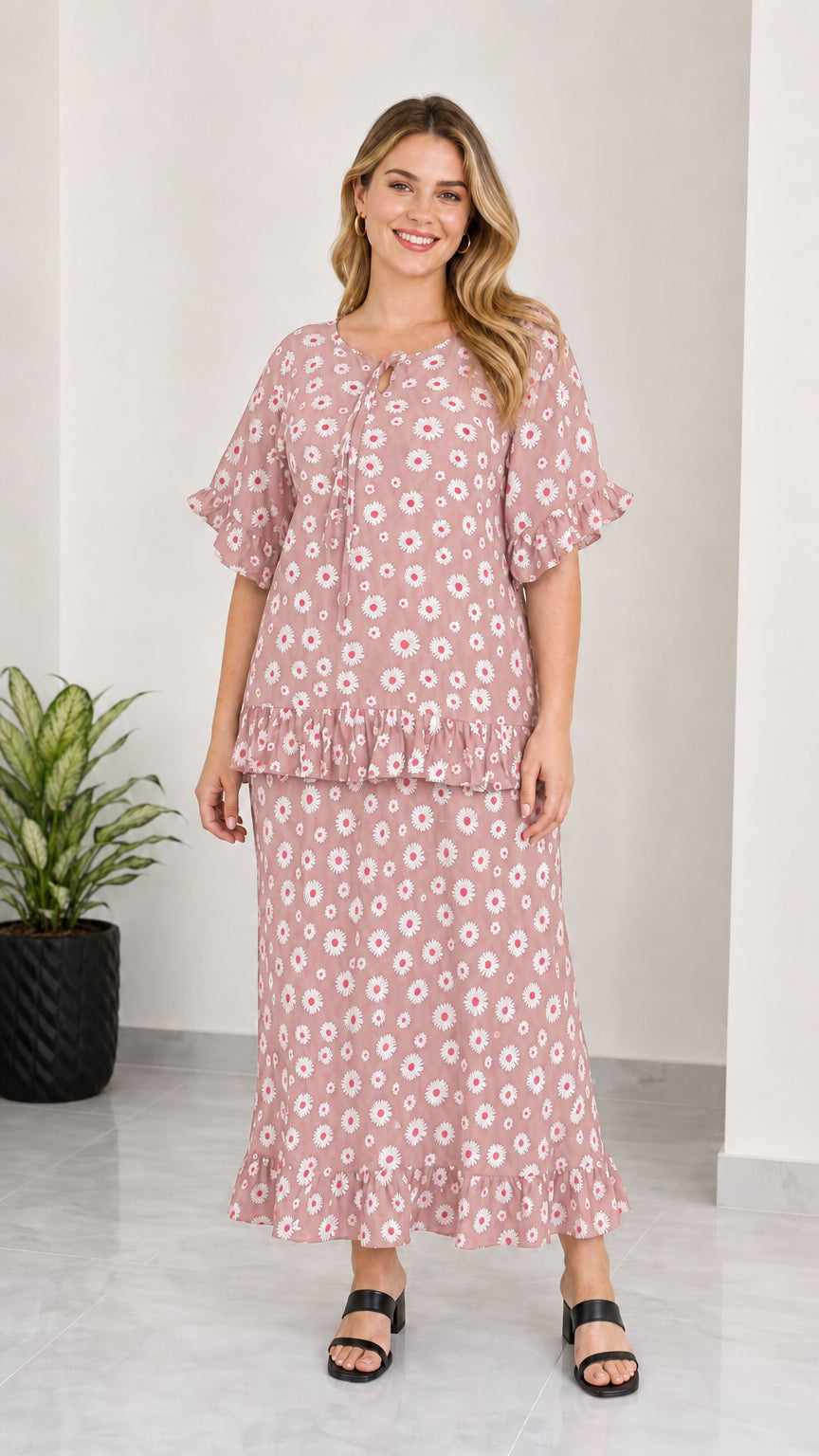 Full front view of women's dusty pink floral print matching top and maxi skirt set