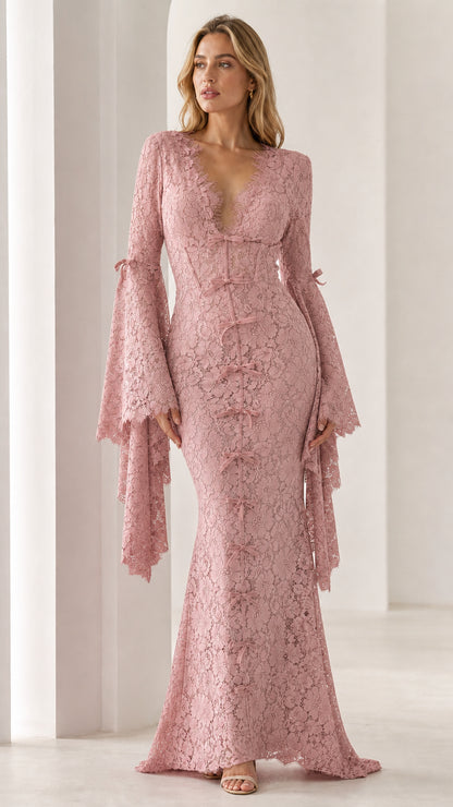 Model wearing pink lace maxi dress