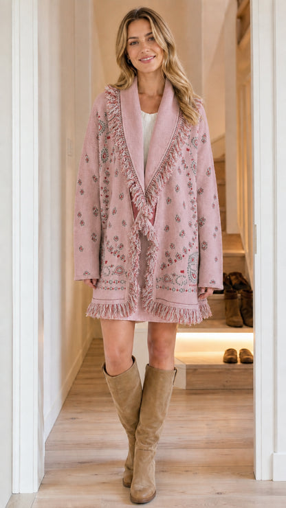 Woman wearing dusty pink jacquard fringe knit cardigan coat