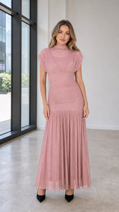 Model wearing pink glitter mesh maxi dress
