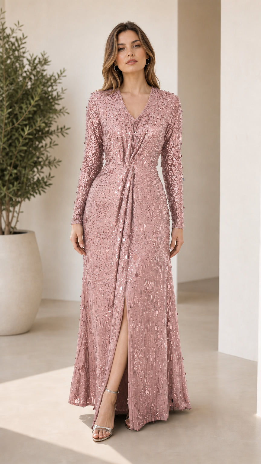 Front view of pink sequin maxi dress