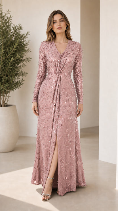 Front view of pink sequin maxi dress