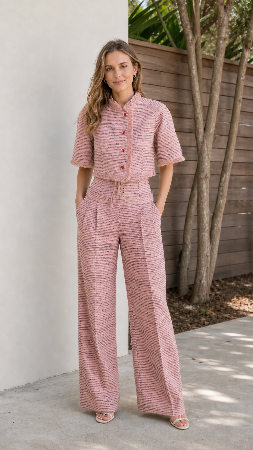 Model wearing pink tweed crop jacket and wide-leg pants set