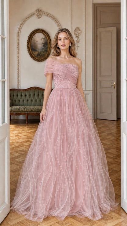 Front view of model wearing dusty rose sequin bodice tulle formal dress