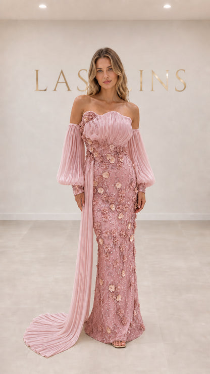 Dusty pink 3D floral appliqué off-shoulder formal evening dress