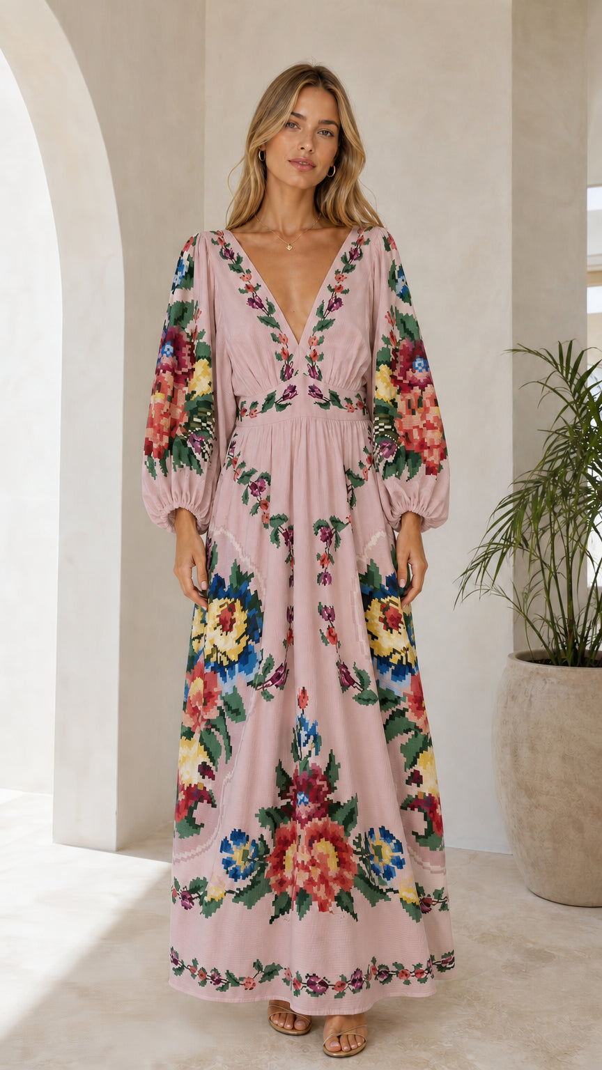 Front view of pink floral embroidered maxi dress