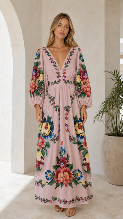 Front view of pink floral embroidered maxi dress
