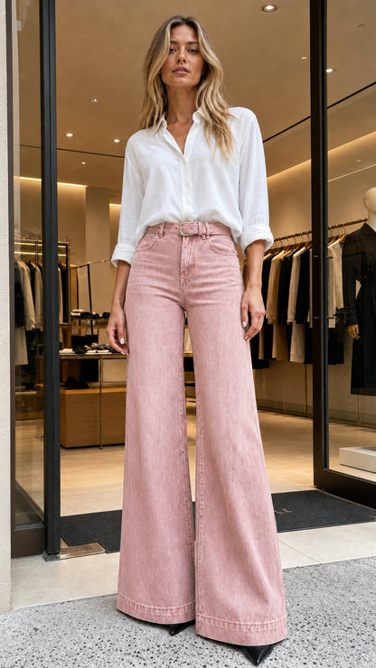 Full-length view of woman wearing pink washed wide-leg jeans