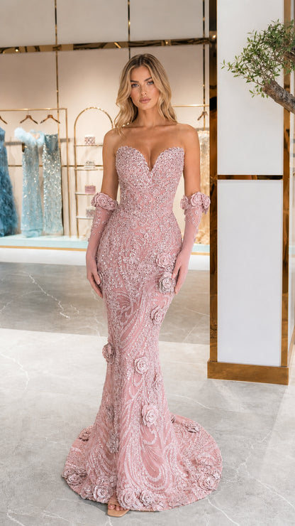 Pink variant of the sequin beaded strapless evening gown