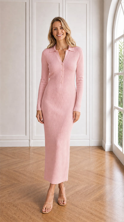 Full front view of model wearing the light pink ribbed knit polo maxi dress