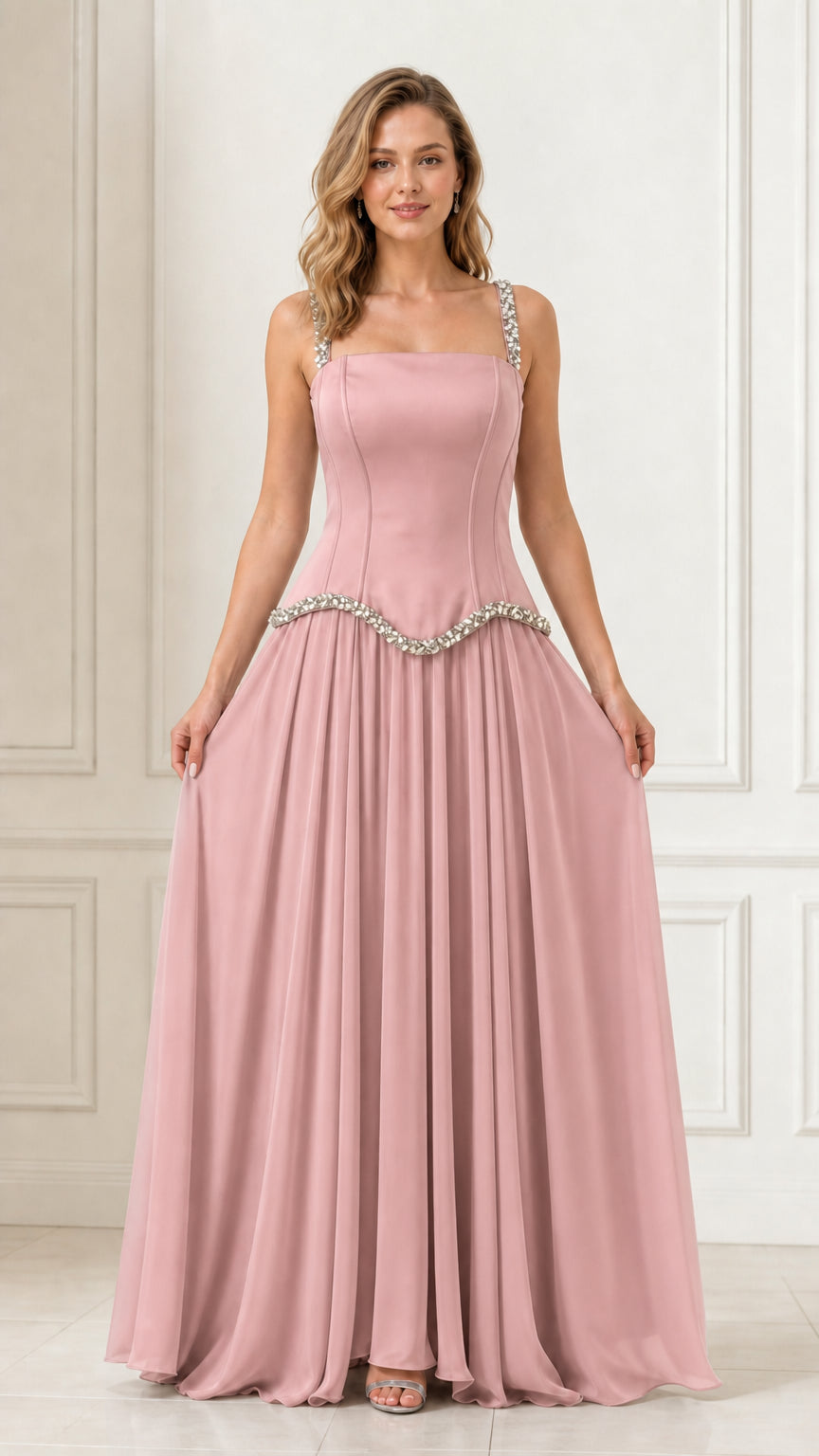 Full front view of a woman wearing a dusty pink rhinestone drop waist maxi gown