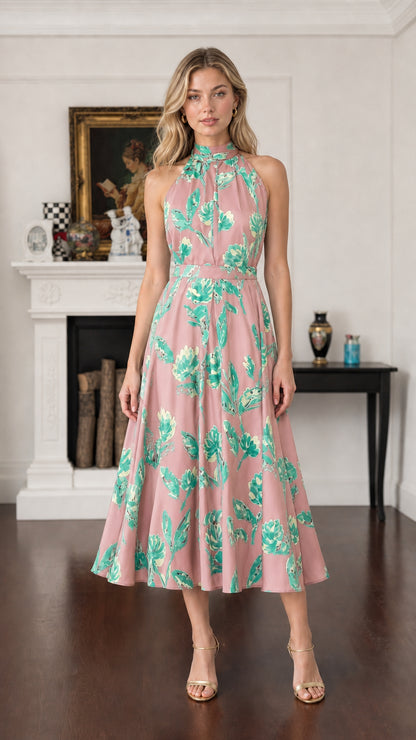 Model wearing Pink Floral sleeveless high neck midi dress