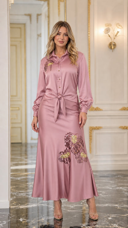 Front view of pink satin blouse and maxi skirt set