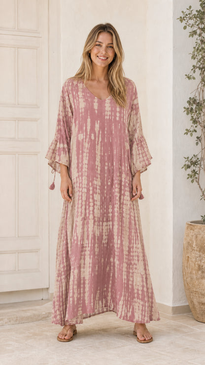 Model wearing Pink tie-dye maxi dress