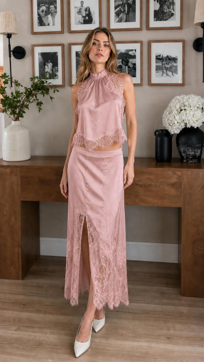 Dusty Pink Satin Lace Trim High Neck Crop Top and Midi Skirt Set