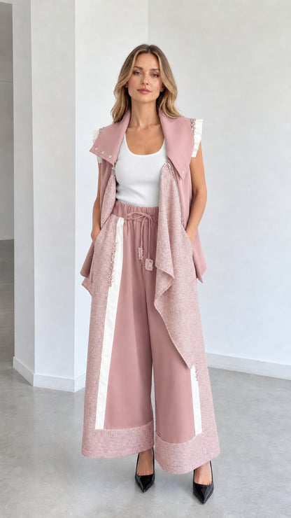 Dusty pink asymmetrical draped vest and wide-leg pants 2-piece set