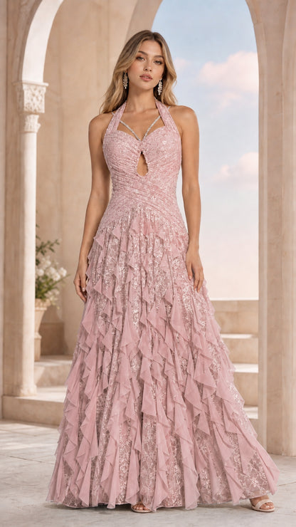 Blush pink color variant of halter ruffled evening dress