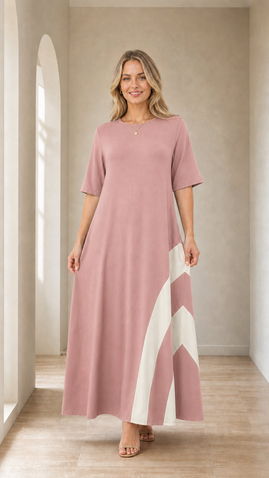 Front view of woman wearing Dusty Rose color-blocked maxi dress