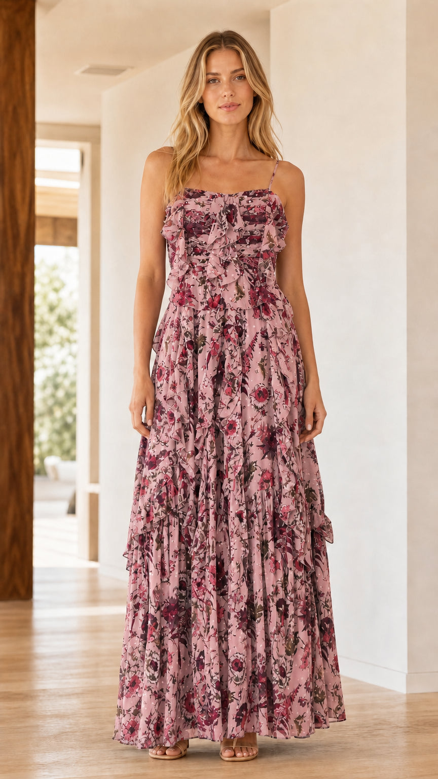Front view of model wearing Pink floral ruffle tiered maxi dress