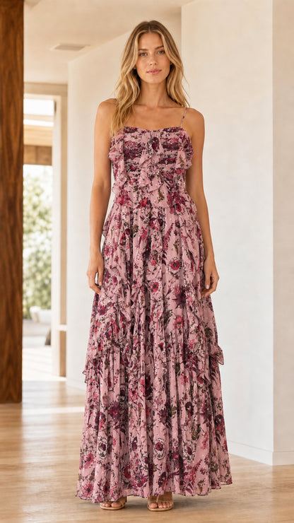 Front view of model wearing Pink floral ruffle tiered maxi dress