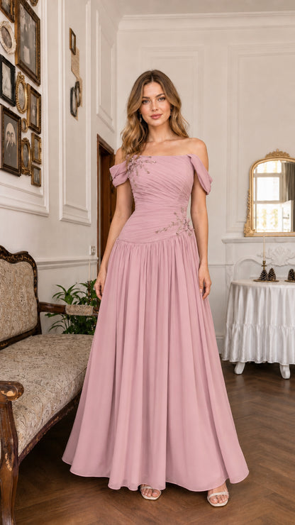 Dusty rose off-the-shoulder formal chiffon gown