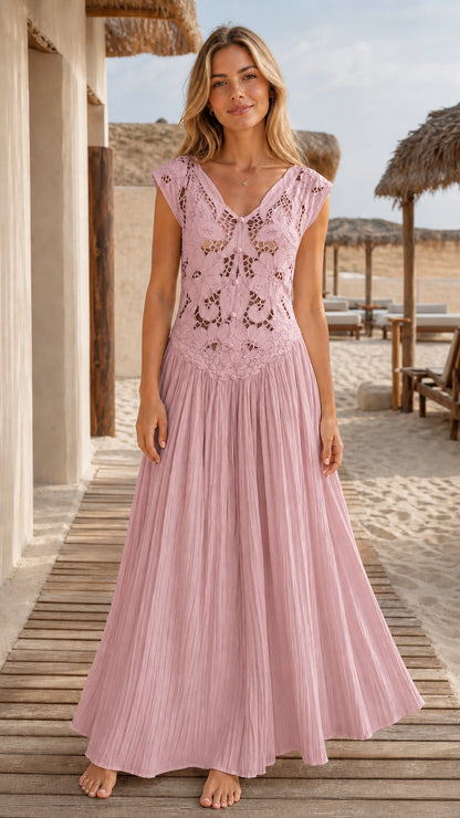 Model wearing pink boho crochet lace maxi dress