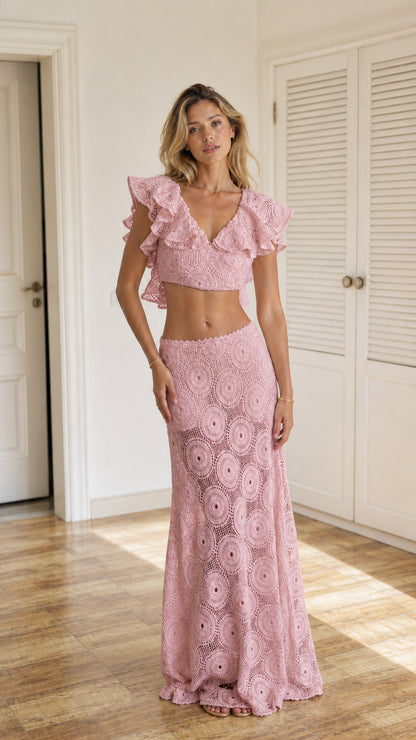 Front full view of pink crochet two-piece set