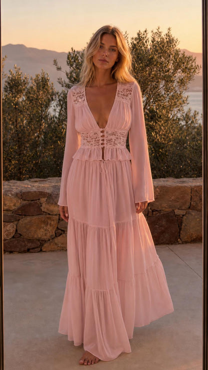 Front view of Pink boho lace trim long sleeve maxi dress