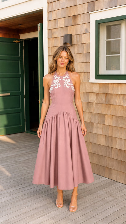Dusty rose halter neck open back embroidered midi dress