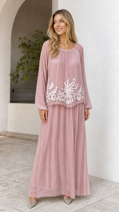 Dusty rose pink chiffon evening maxi dress with embroidery