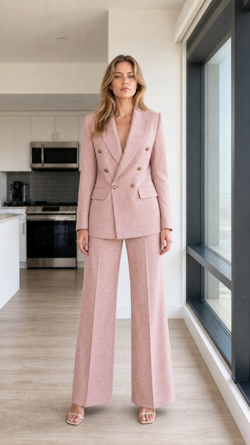 Woman wearing dusty pink double-breasted blazer and wide-leg pants set