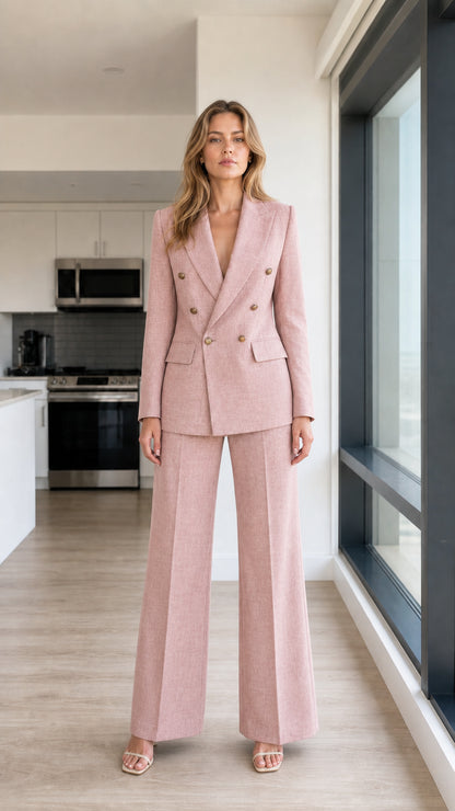 Woman wearing dusty pink double-breasted blazer and wide-leg pants set