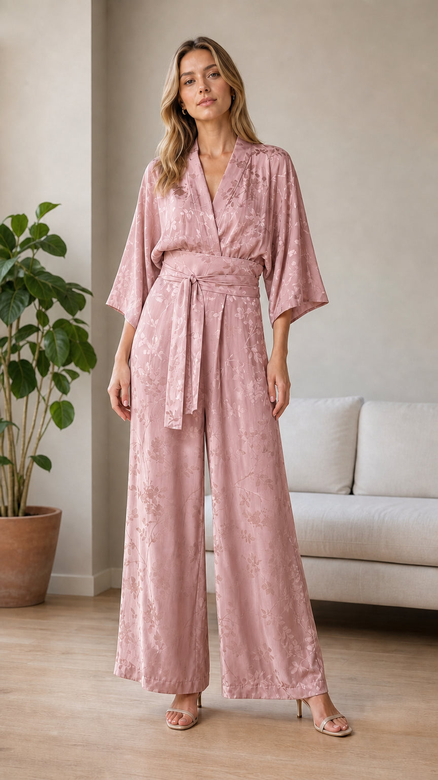 Pink satin wrap jumpsuit front view
